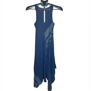 Eileen Fisher Irish Linen Dress Indigo Blue Handkerchief Hem Embroidered Size XS